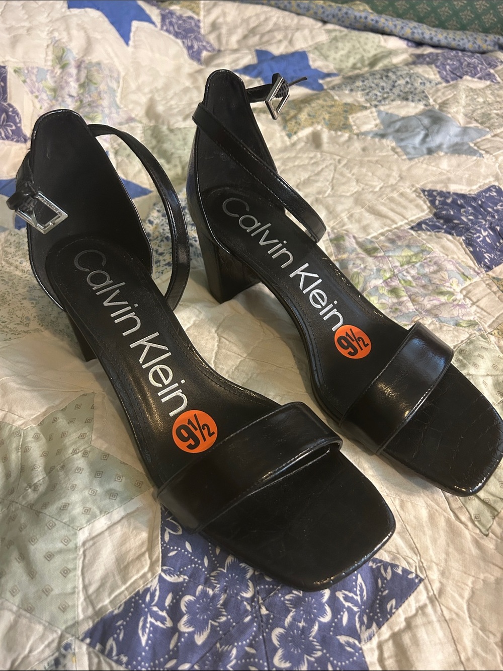 New Calvin Klein Black Leather Ankle-Strap Block Heel Sandals 9.5